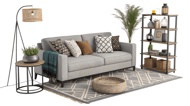 Cozy living room setup with modern decor png