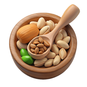 Wooden Bowl of Assorted Nuts Almonds, Pistachios, and More png