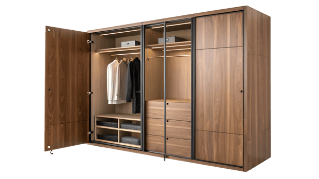 Sleek modern wooden wardrobe with storage png