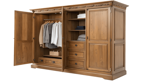Open wooden wardrobe with organized shelves png