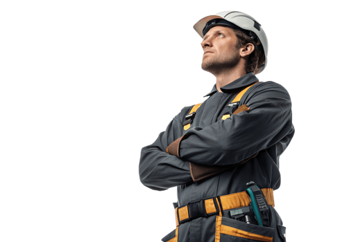 Confident worker in helmet looks up png