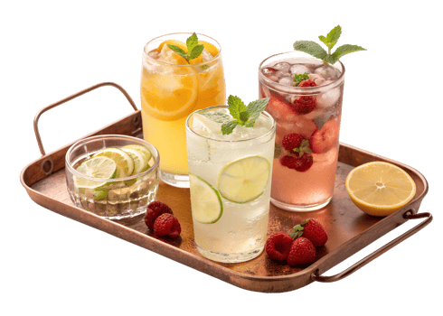 Refreshing summer drinks on a serving tray png