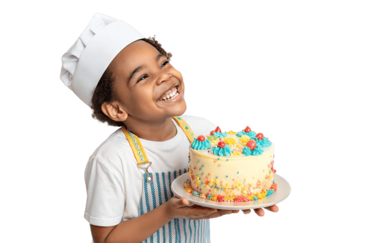 Young baker proudly presents a colorful cake png