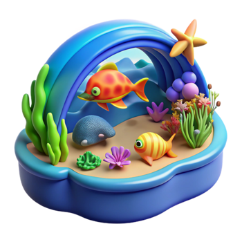serene vintage Undersea Scene 3D Cartoon Fish and Coral Reef high quality png