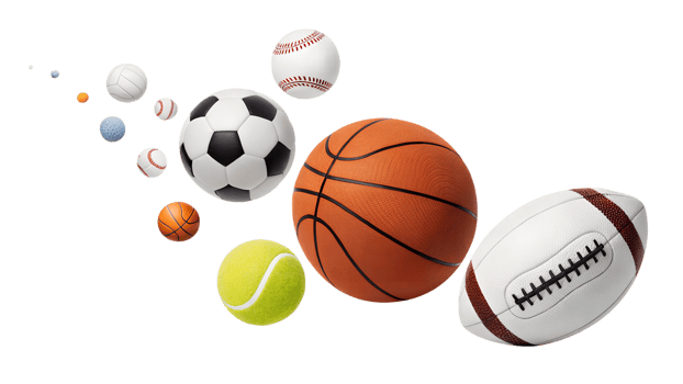 Variety of sports balls in dynamic arrangement png