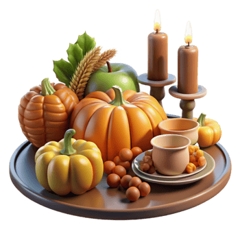 Autumn Harvest Scene Pumpkins, Candles, and Warm Drinks png