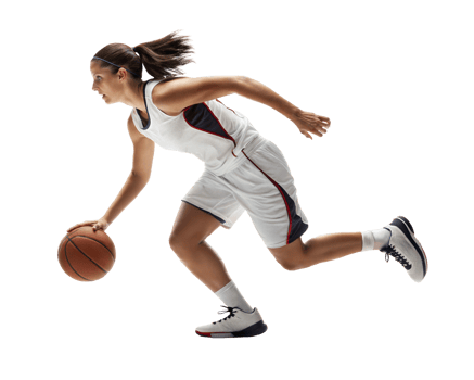 Female basketball player dribbling during a game png