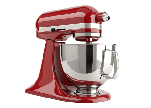 Bright red kitchen mixer with stainless steel bowl png