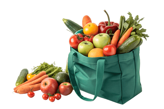 Healthy vegetables and fruits in a green tote bag png