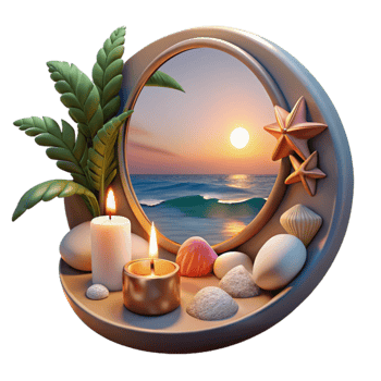 magnificent classic Ocean Sunset Serenity Candles, Stones, and Seashells detailed png