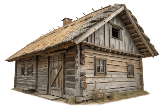 Rustic wooden house with thatched roof in daylight png