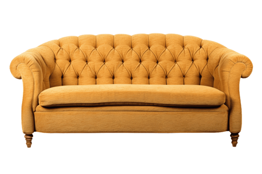 Yellow classic sofa on wooden legs. Upholstered furniture for the living room. Ocher couch isolated. png