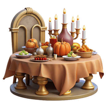 Autumn Harvest Feast Table Setting with Pumpkins Candles png