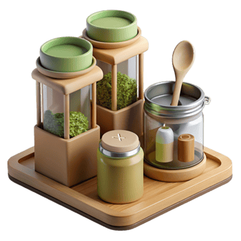 extraordinary creative Kitchen Spice Organizer Wooden Tray, Glass Jars, Herbs 4K png