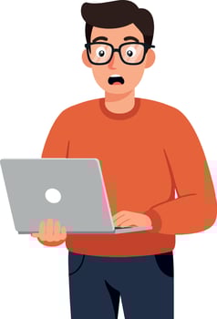 Surprised young man with glasses holding a laptop while wearing an orange sweater in a flat style illustration vector
