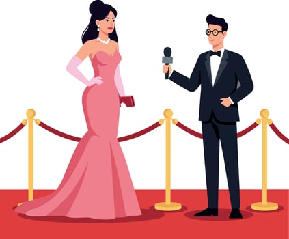Glamorous woman in a pink evening gown interacting with a male reporter in formal attire on a red carpet setting, minimal illustration vector