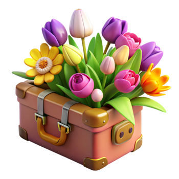 magnificent vintage Spring Flowers in Vintage Suitcase original png
