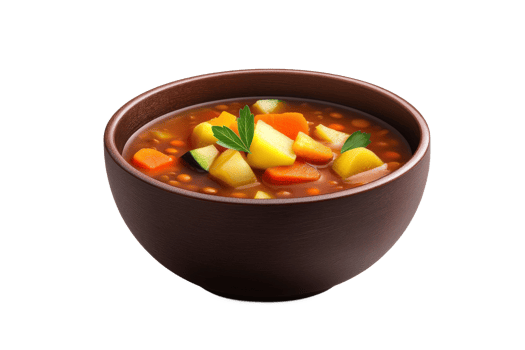 Hearty vegetable soup in a wooden bowl png