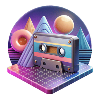magnificent classic Retro Cassette Tape in 80s Synthwave Landscape authentic png