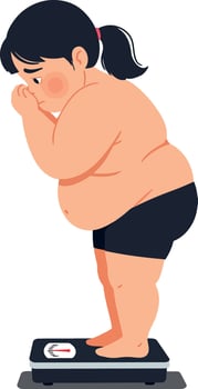 A young girl standing on a scale with a worried expression, illustrated in a flat and minimal style, conveying feelings of concern, illustration vector