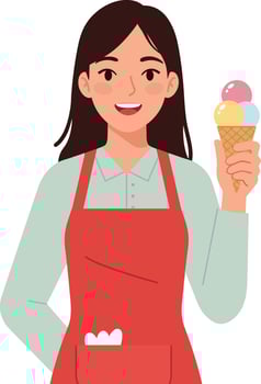 Cheerful woman in red apron holding colorful ice cream cone in a minimal flat design illustration vector