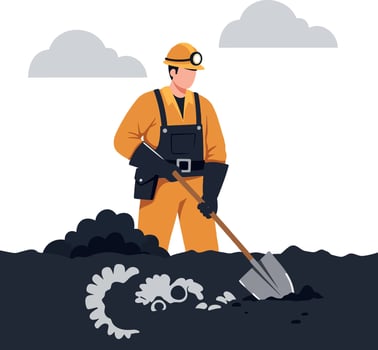 A miner in an orange jumpsuit digging in a coal mine with a shovel, showcasing flat design art vector