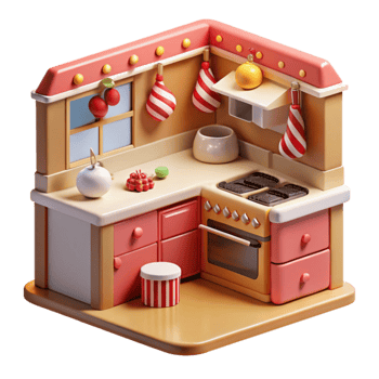 Charming Cartoon Kitchen 3D Render of Cute Corner Kitchenette png