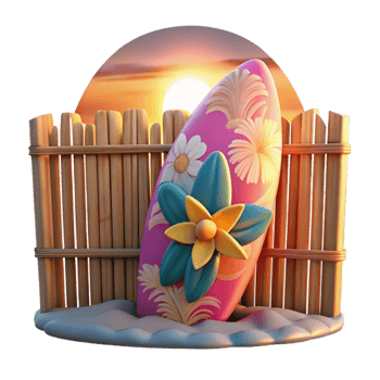 Sunset Surfboard Beach Fence Scene png