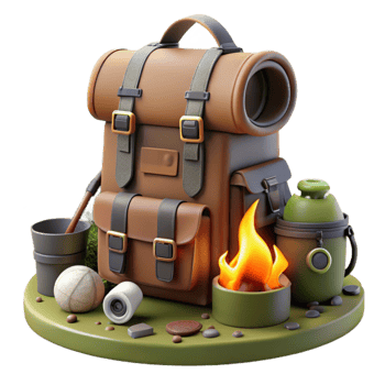 Camping Gear Backpack, Fire, and Essentials png