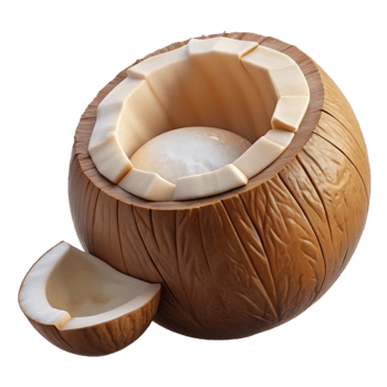 impressive vintage Coconut Half, Fresh Cut, Tropical Fruit, Creamy White Flesh, Brown Husk, Open Shell, Ripe, Organic 4K png