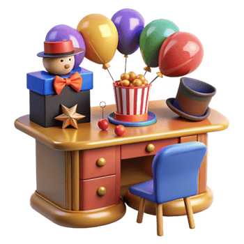 Desk with Balloons, Popcorn, and Magic Tricks png