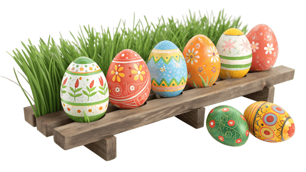 Colorful eggs on a wooden stand png