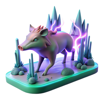 Neon Boar 3D Render Fantasy Creature in Glowing Habitat png