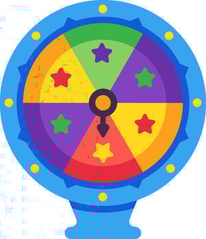 Spinning wheel of fortune displaying vibrant star prizes against a colorful backdrop, capturing themes of luck, gambling, and the excitement of chance in games and lotteries vector