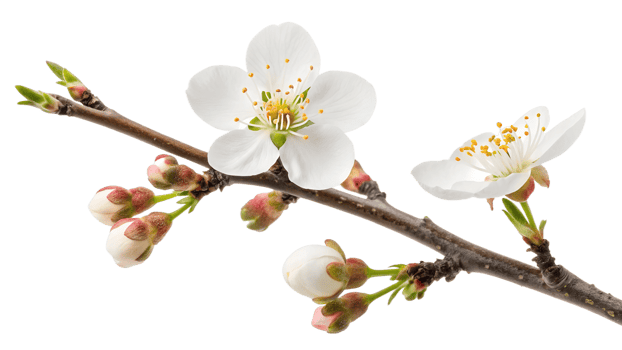 Branch with white blossoms and pink buds in spring png