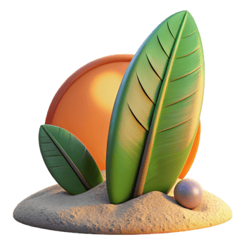 stunning classic Tropical Sunset Scene 3D Render of Leaves, Sand, and Orb original png