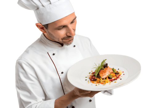 Chef presents exquisite dish in bright setting png
