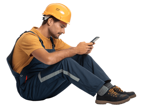 Construction worker checking phone while sitting png