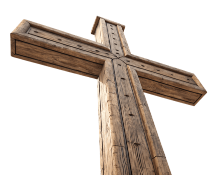 Wooden cross stands tall against a clear sky png