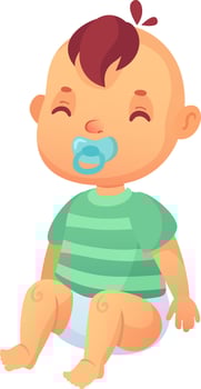 Cartoon baby wearing a diaper and a green striped t shirt, holding a pacifier in its mouth, sitting with legs bent and eyes almost closed on a white background vector