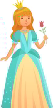 Beautiful princess with closed eyes and long blonde hair holding a red rose, wearing a turquoise and gold elegant dress and a gold crown, in a colorful cartoon style vector