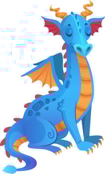 Cartoon blue dragon with vibrant orange horns, colorful wings, and playful stripes resting peacefully with closed eyes on a clean white background, exuding a calm and friendly vibe vector