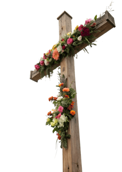 Flower adorned wooden cross at outdoor setting png