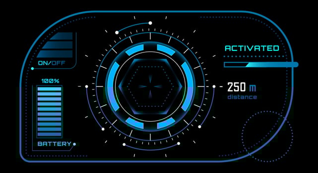 Futuristic blue circular hud on a black background showing battery status, distance and activation status, perfect for games or futuristic interfaces vector