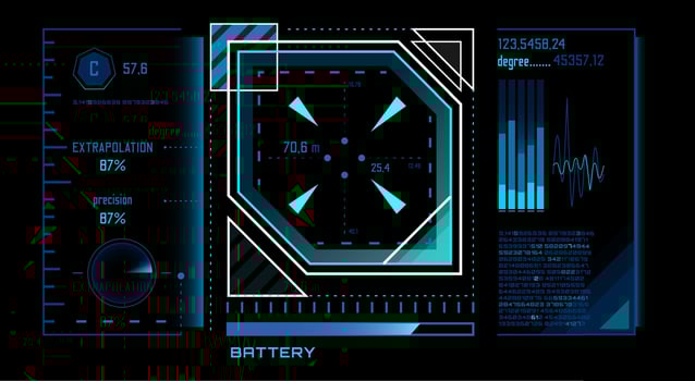 Futuristic heads up display - HUD - featuring glowing blue and white lines and numbers, showcasing target coordinates, precision percentages, battery levels, and other data on a black background vector