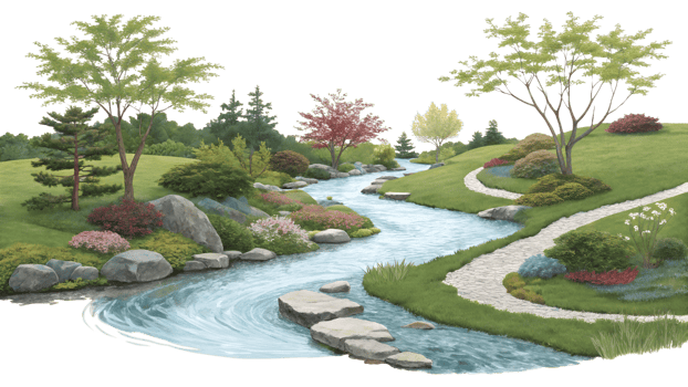 Serene garden with stream and paths png