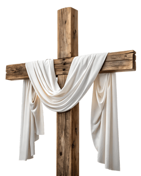 Wooden cross adorned with white fabric drapery png