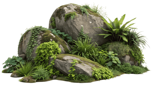 Lush greenery surrounds large natural rocks png