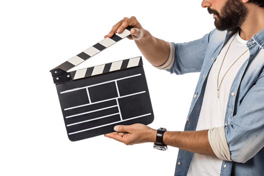 Director preparing for filming with clapperboard png