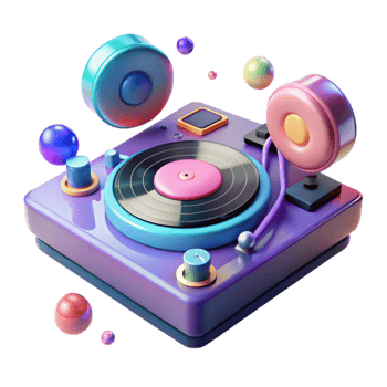 impressive abstract Colorful Record Player with Floating Spheres genuine png